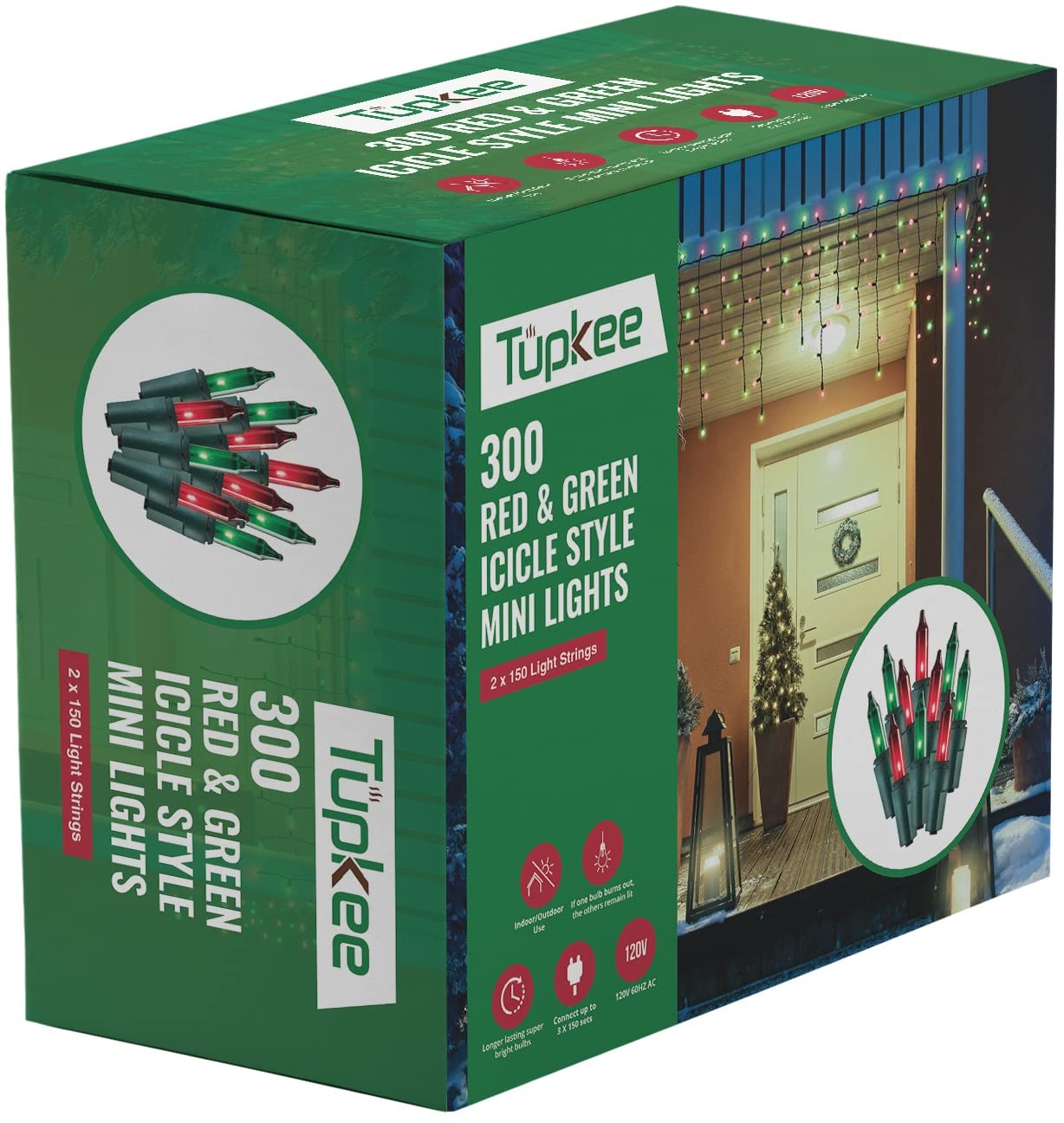 Tupkee Christmas Icicle Lights - Red & Green Incandescent, Icicle Style Mini Lights - 17 Feet, 300 Bulbs, Indoor & Outdoor Christmas Decorations