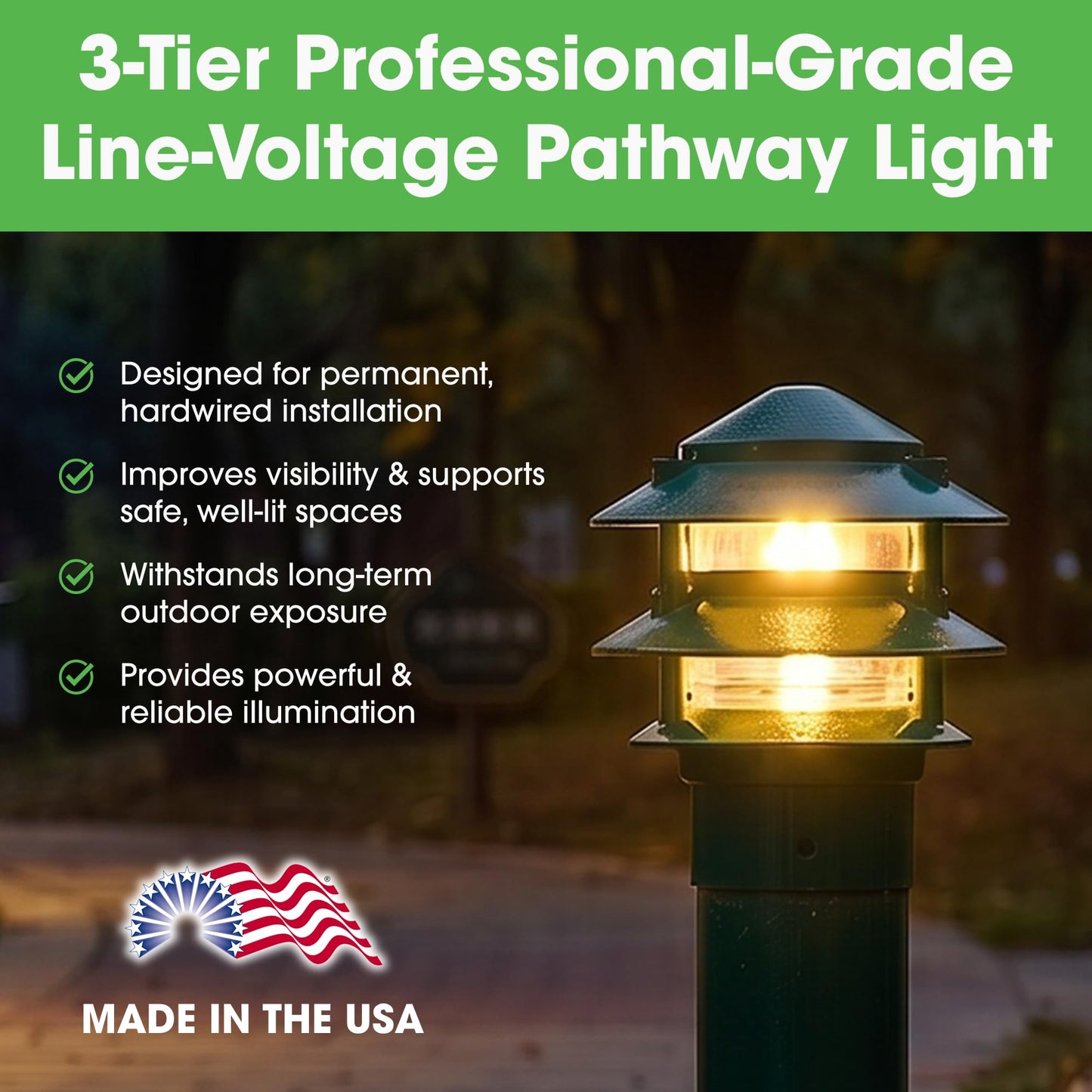 Greenfield Made in the USA Weatherproof Line-Voltage (120V) 3-Tier LED Outdoor Pathway Light - Permanent Outside Light with Mounting Hardware
