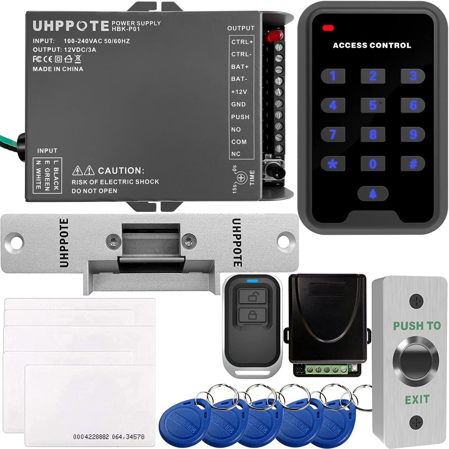 UHPPOTE 125KHz RFID EM ID Keypad Stand-Alone Door Access Control Kit with Strike Lock Remote Control Exit Button