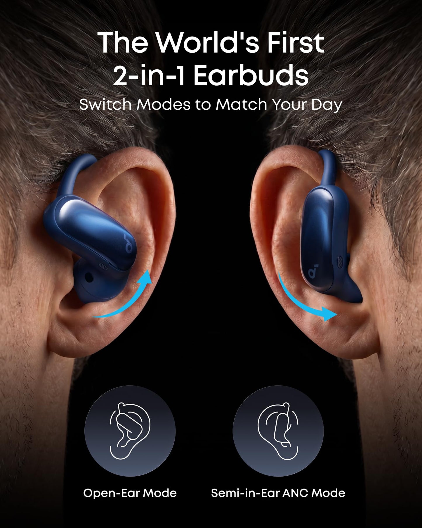 Soundcore AeroFit 2 Pro by Anker, Open-Ear with Semi-in-Ear Active Noise Cancellation, Dual-Form Earbuds, Adjustable Ear Hooks, Hi-Res, LDAC, 4-Mic AI