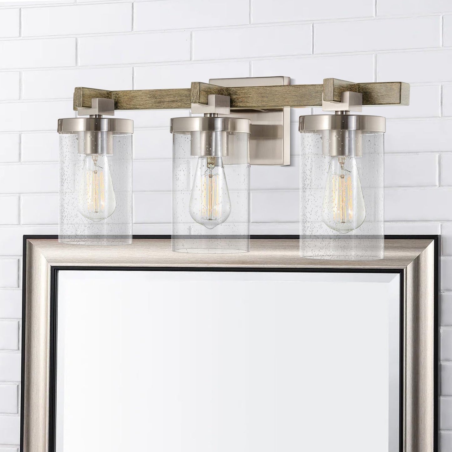 Kira Home Concord 22" 3-Light Farmhouse Vanity Light with Seeded Glass Cylinder Shades, Hand-Painted Wood Grain Metal Bathroom Light, Reclaimed Oak