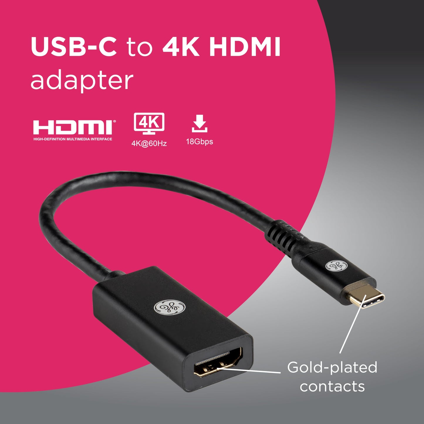 GE USB-C to 4K HDMI Multi-Monitor Adapter, Ultra HD Video & Audio, Travel-Ready, Plug & Play, 76050