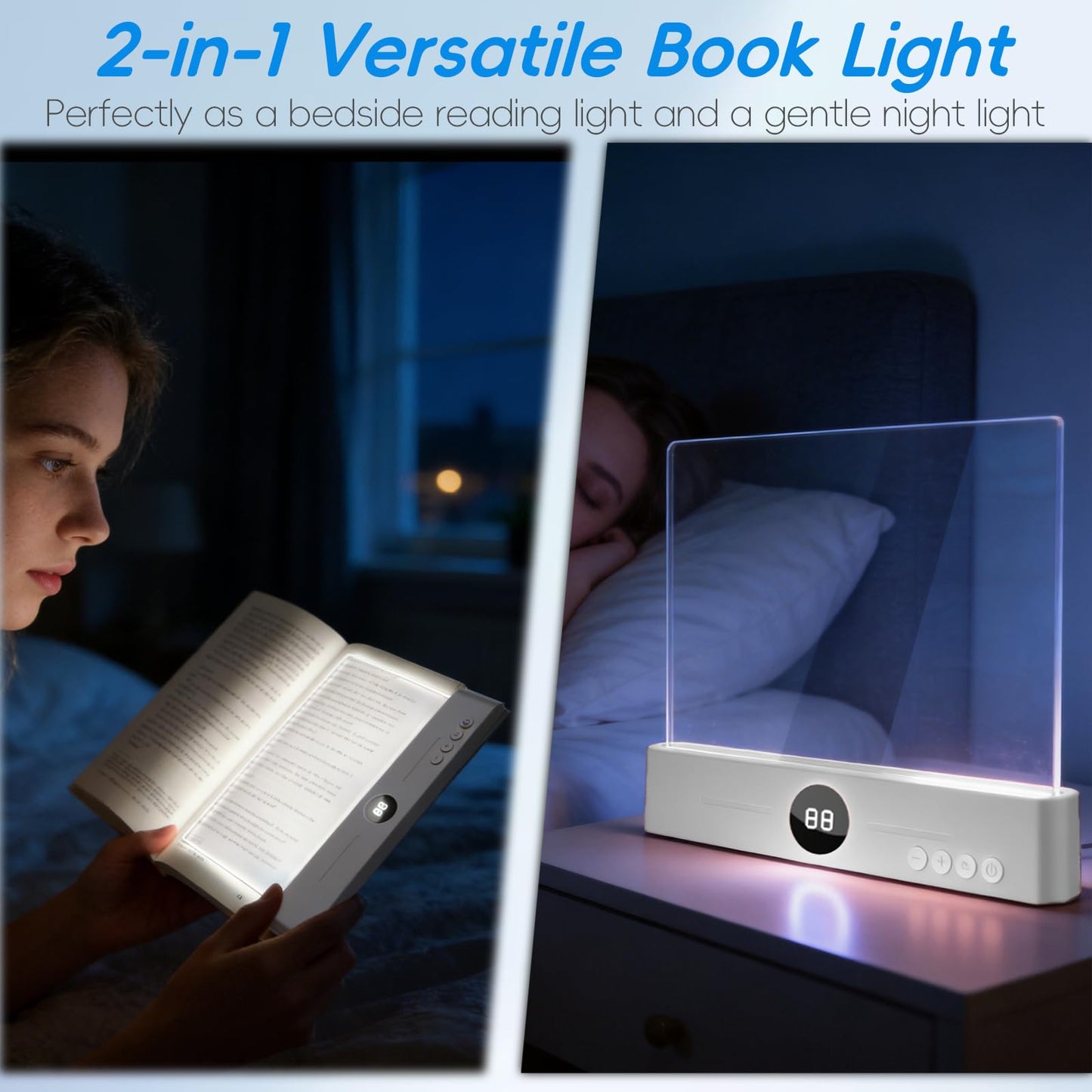 LED Book Light and Night Light 2 in 1,Rechargeable Clear Flat Panel Reading Lamp with 3 Color Temperatures, Dimmable & Timer, Full Page Illumination
