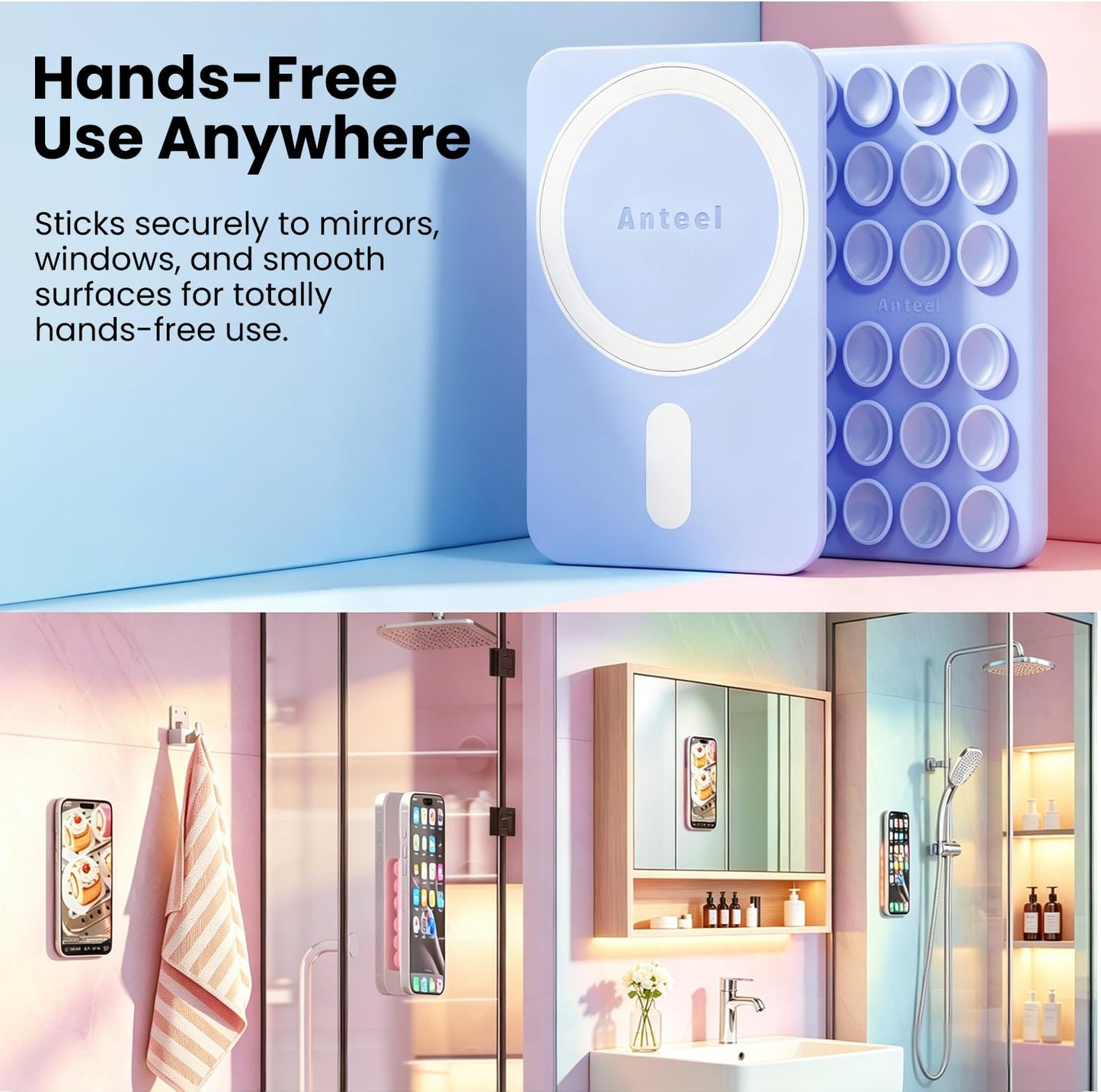 Anteel 2026 Upgraded Magnetic Suction Phone Holder, Clear Silicone Suction Sticky Grip Holder for iPhone 12 13 14 15 16 17 Series, Suction Mirror