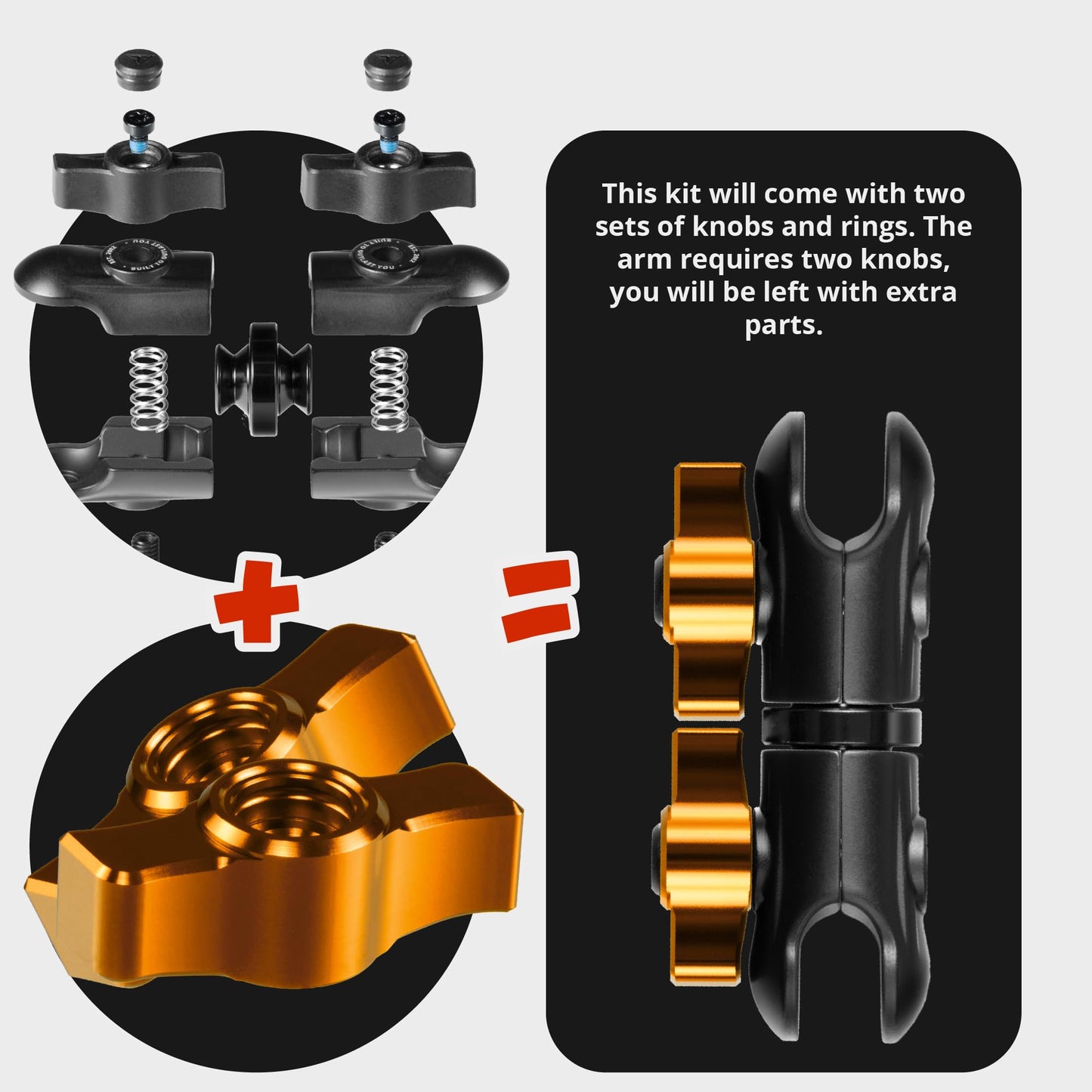 Tackform 3.5" Long Metal 20mm Ball and Socket Arm DuraLock 20 Series | Dual 20mm Sockets with Optional Anti-Theft Knobs | Black with Orange Billet