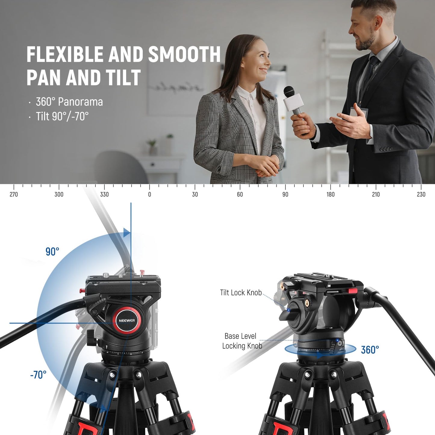 NEEWER 74" Video Tripod with Fluid Head & Damping Control, Aluminum Heavy Duty Camera Stand Professional with QR Plate for DSLR Camcorders for Video