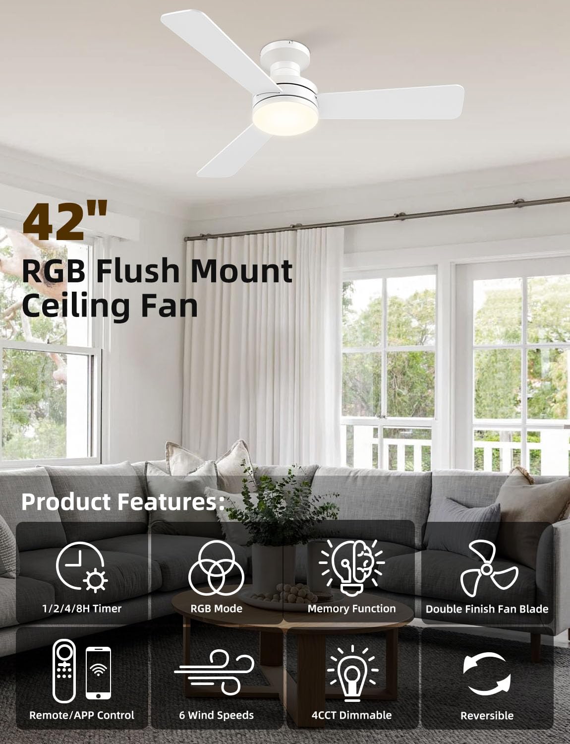 Homlit 42 inch RGB Ceiling Fan with Light, Smart App & Remote Control Low Profile Flush Mount, Music Sync Lighting, 6-Speed Quiet Reversible DC Motor