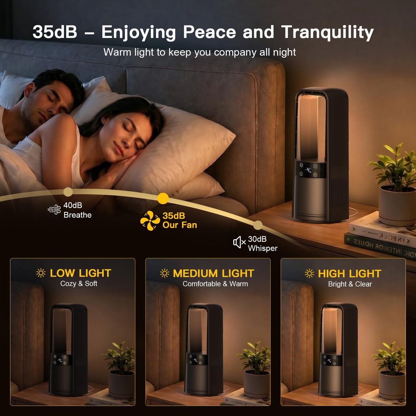 Desk Fan Bladeless, 13.4 Inch Office Fan Small Quiet, 4 Speed Touch Control Bedside Fan with 120° Oscillation, 3 Level Night Light, 9H Timer, Easy
