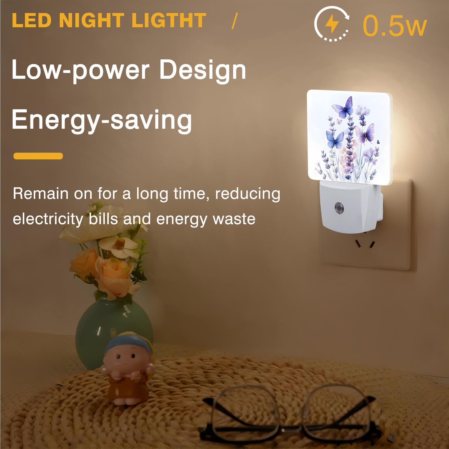 FOISIIAEA Night Light Watercolor Lavender Flower with Butterfly Night Lights Plug into Wall Smart Dusk to Dawn Sensor 0.5W Energy Efficient Led Lamp