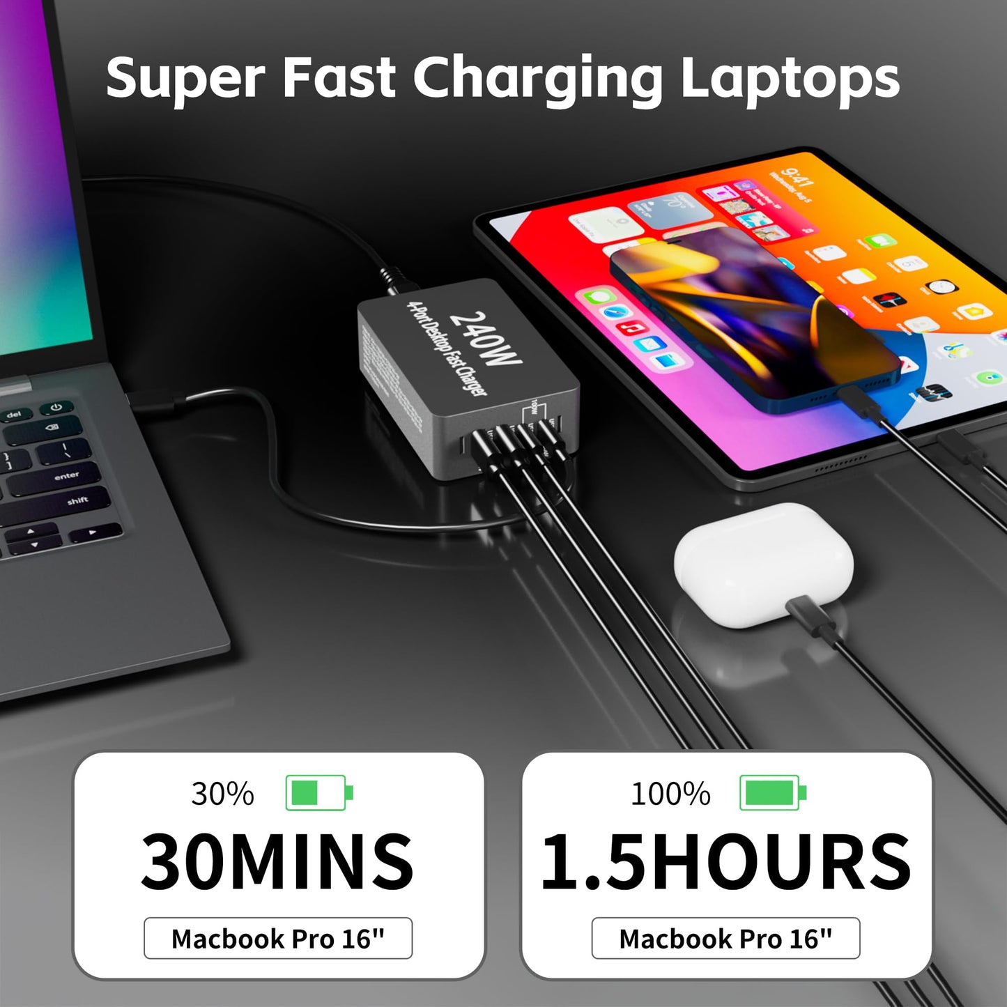 240W USB C Charger Block, 4 Port USB Fast Charging Station 100W Laptop Power Adapter for MacBook, Laptop, Tablet, iPad, iPhone, Cell Phone Multiple
