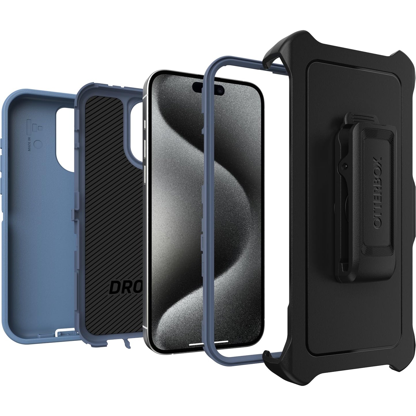OtterBox iPhone 15 Pro MAX (Only) Defender Series Case - Baby Blue Jeans (Blue), screenless, Rugged & Durable, with Port Protection, Includes Holster