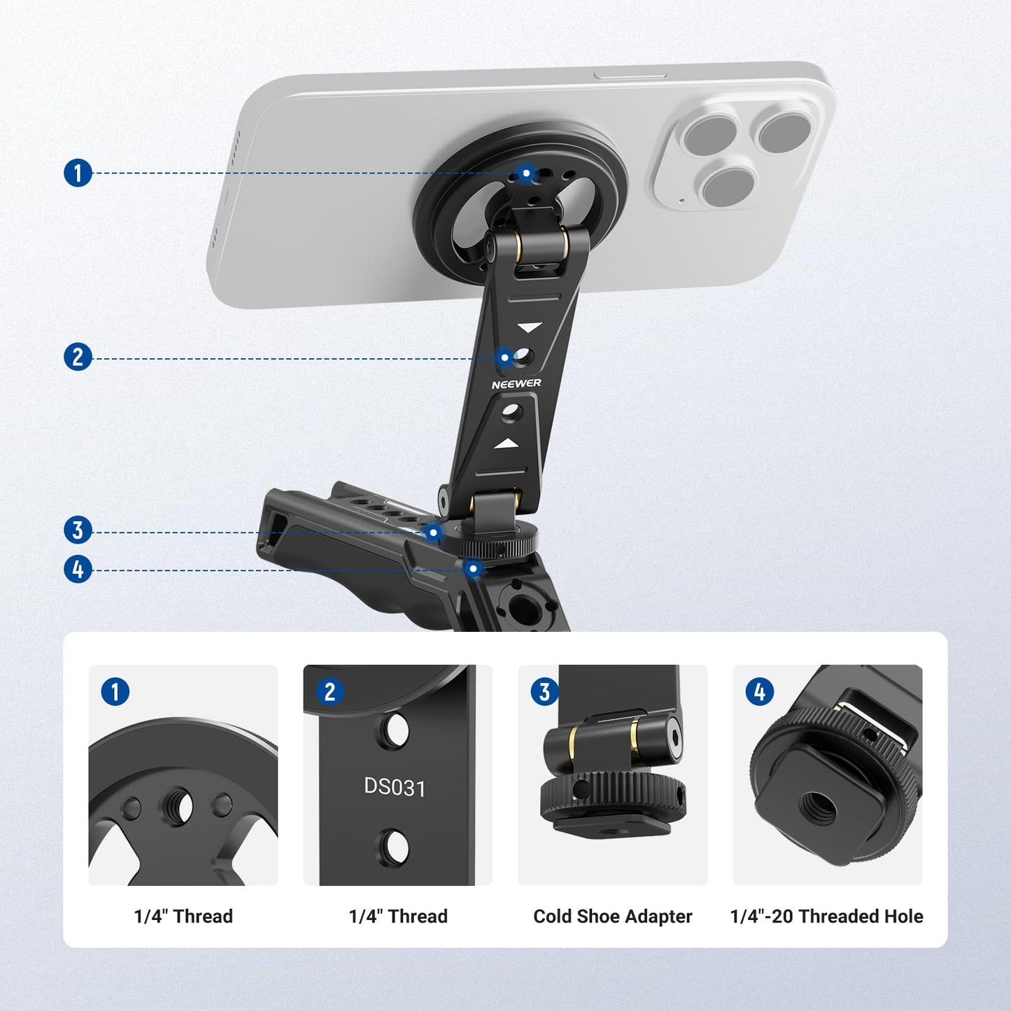 NEEWER Magnetic Phone Tripod Mount Compatible with MagSafe iPhone Samsung, Metal Adjustable Rotatable Cellphone Holder Adapter w/Cold Shoe for Tripod