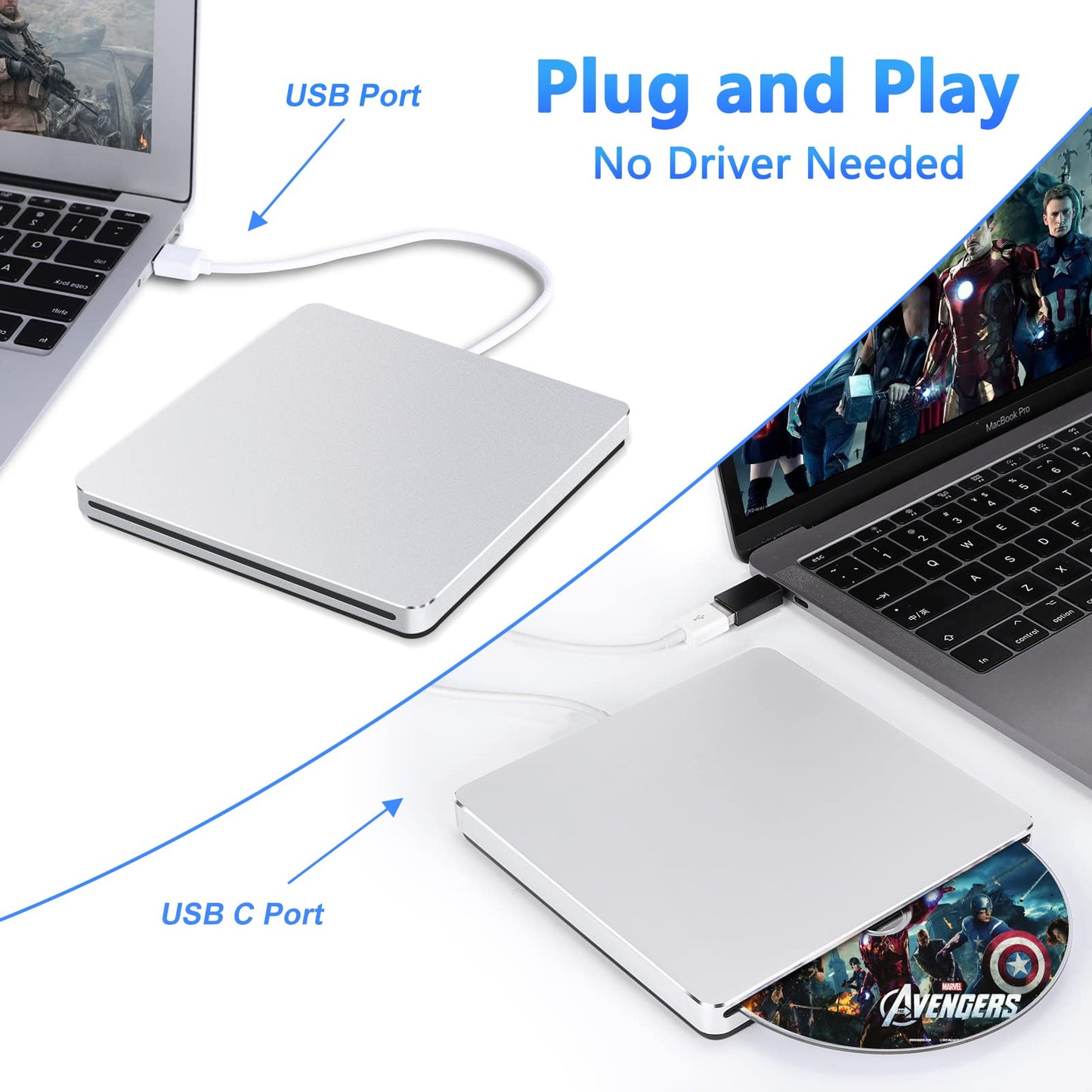 Guamar External CD Drive for Mac: USB 3.0 Superdrive for Apple MacBook - Slim & Portable Slot-in DVD Burner for Laptop PC Windows with USB-C Adapter
