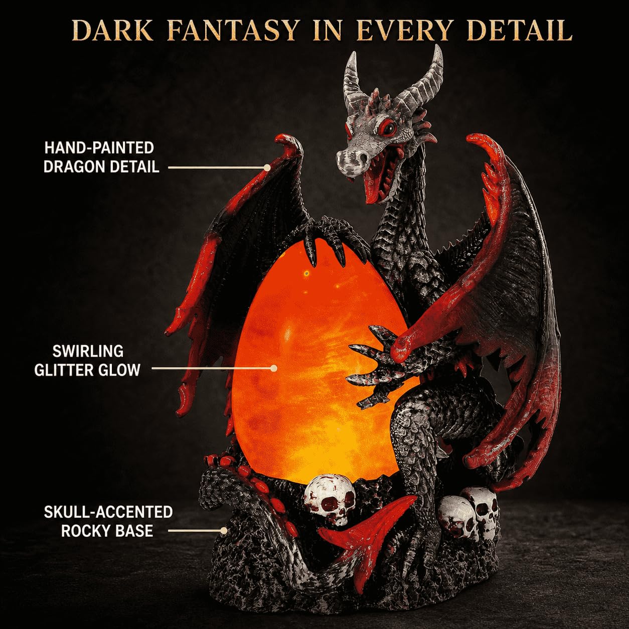 Fire Dragon Glitter Globe Statue, 11.75 Inch Dragon Egg Night Light with Skull Base, 6 Hours Timer, Battery Operated Horror Decor for Home, Halloween