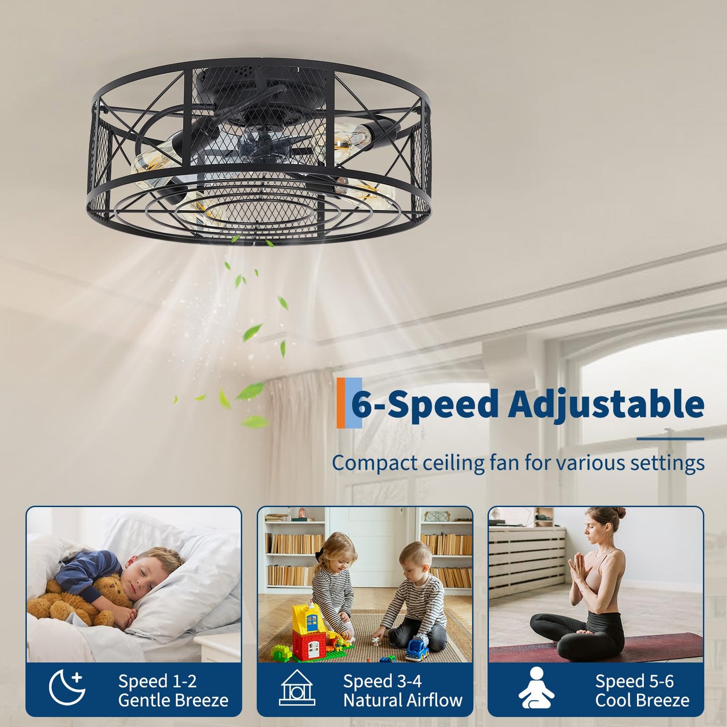 Klysiora Ceiling Fans with Lights and Remote,20'' 240W 6-Speed Adjustable Timer Ceiling Fans,Flush Mount Fandelier Cooling Fan for Bedroom, Kitchen