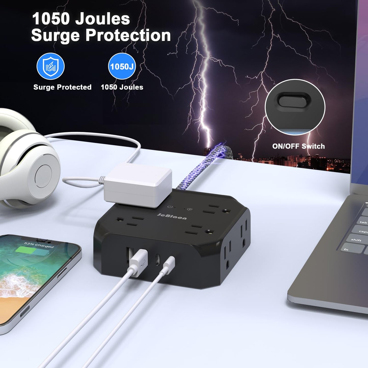 10FT Surge Protector Power Strip, Braided Extension Cord, 8 Outlets 4 USB Ports(2 USB C), Flat Plug Power Strip, USB Desktop Charging Station