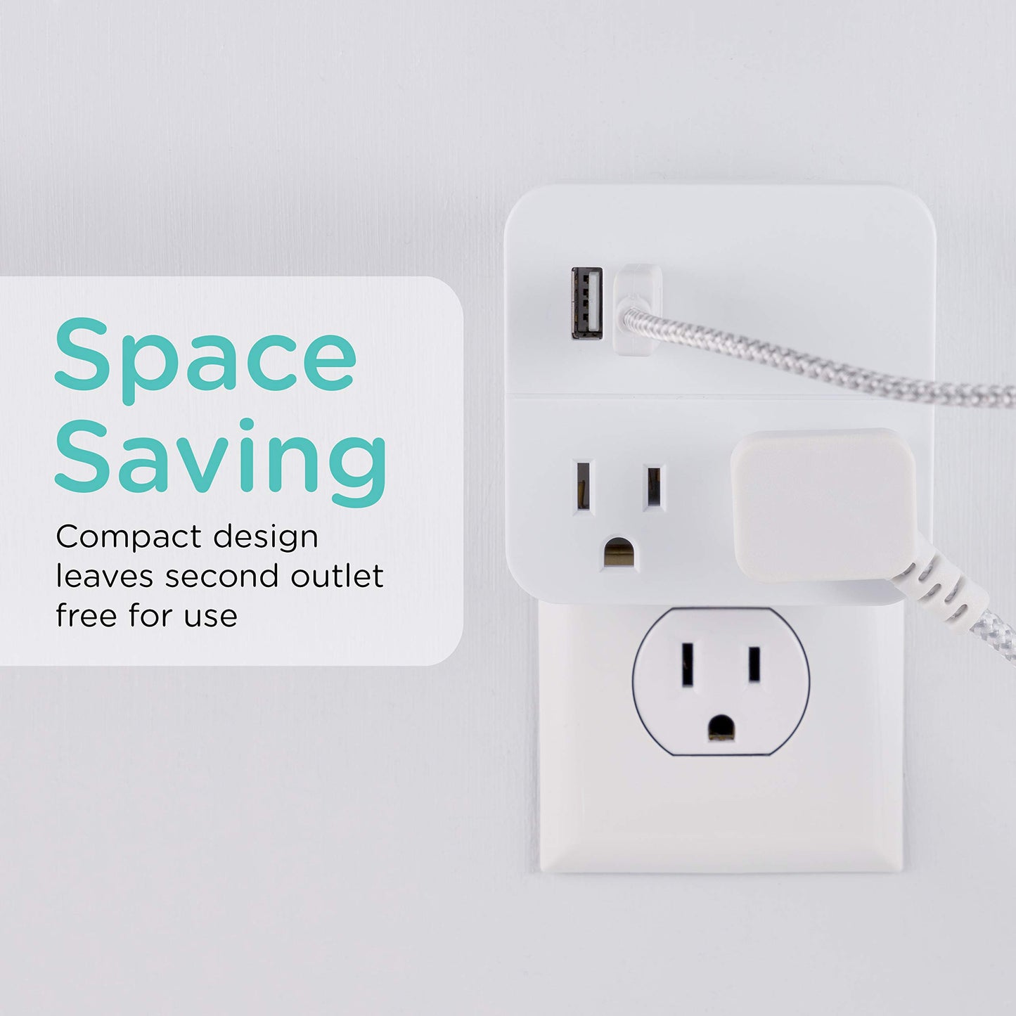 Cordinate 2 Outlet Extender, 3 Prong, Compact Adapter, Station, 2.1A USB Ports, Fast Charge for Devices, Easy Access Design, 2 Pack, White, 56162