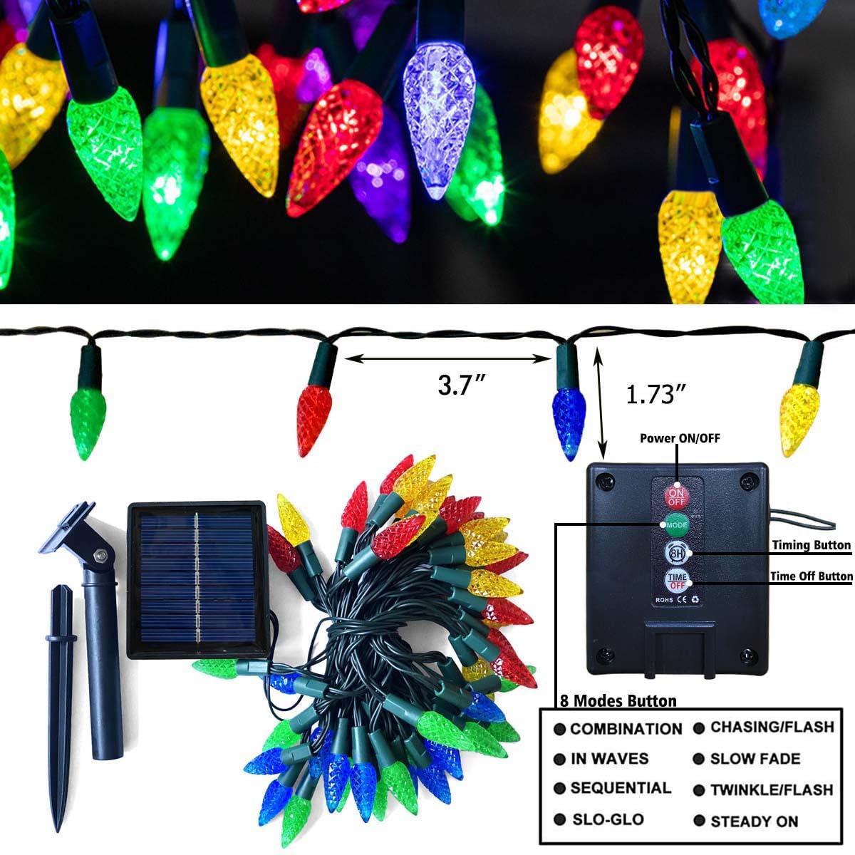 YiKizy Solar Christmas Lights Outdoor C6 Strawberry String Lights, 100 LED Multicolor Outdoor Solar Powered Rechargeable Garden Lights for Xmas Tree