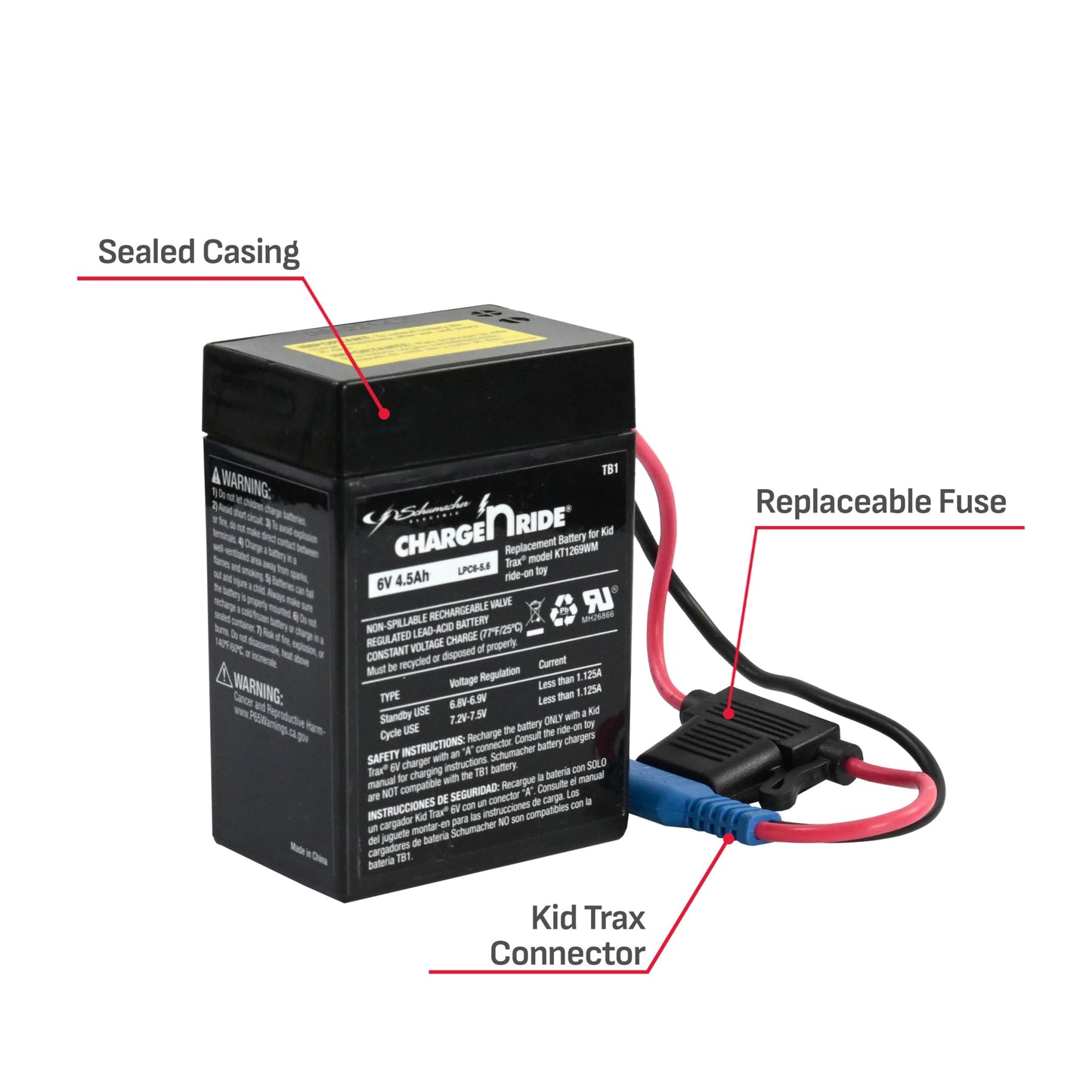 Schumacher Electric 6V Battery for Ride On Toys - 4.5 AH - with Replaceable Fuse - 6 Volt Rechargeable Battery for Kid Trax KT1269WM & Other Vehicles…