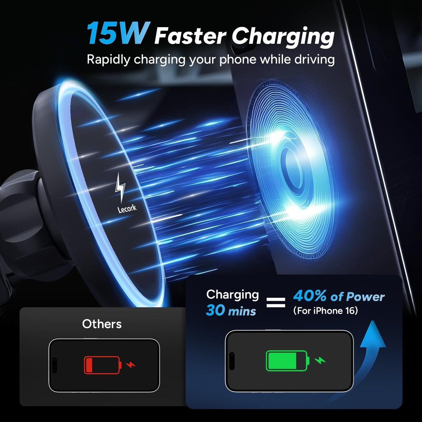 Lecork for Magsafe Car Mount Charger, 15W Air Vent Magnetic Wireles Car Mount Charger for iPhone 16 Pro Max Accessories, Car Phone Holder for iPhone