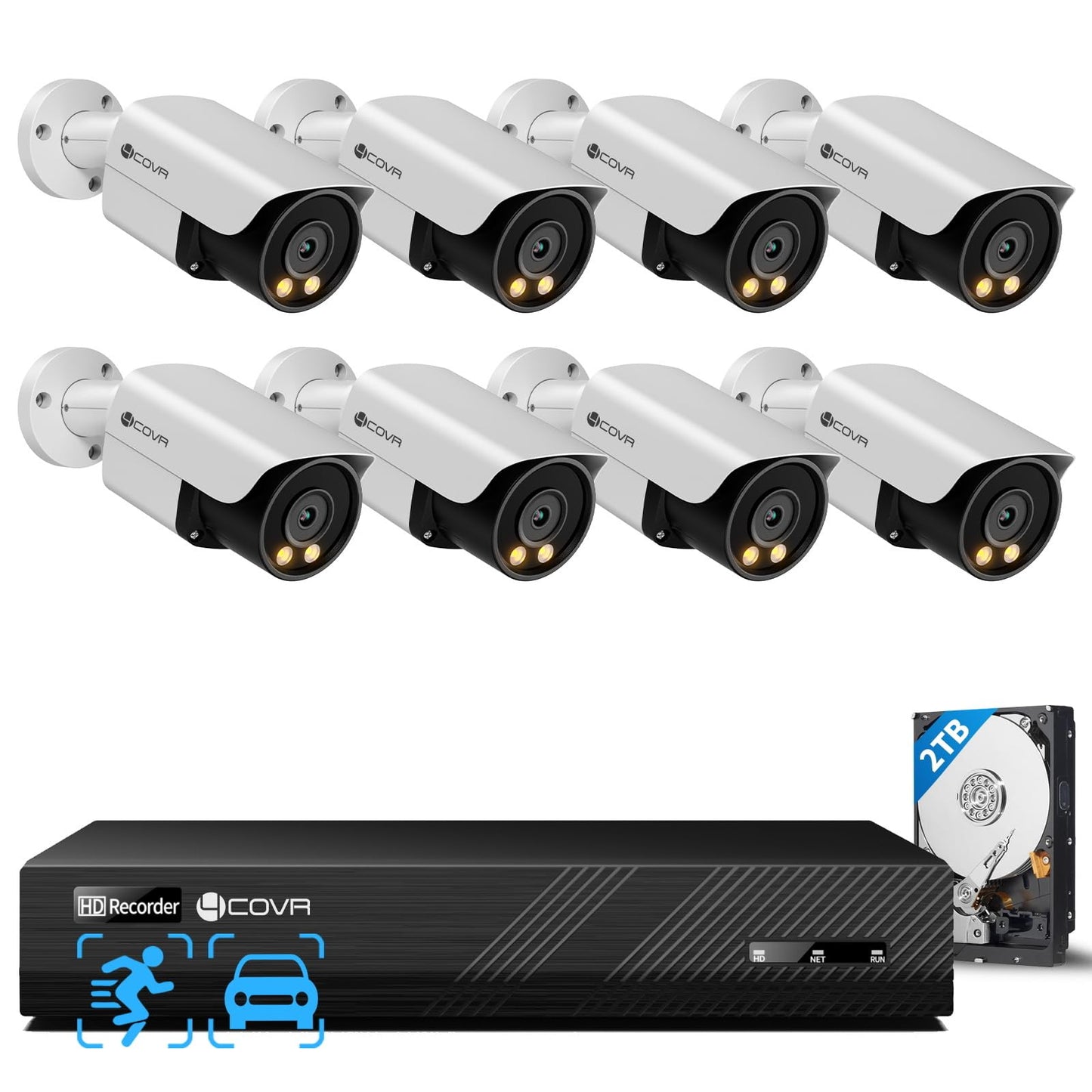 4COVR 8 Channel Security Camera System, 2 Way Audio Talk & Smart Color Night Vision, 8X 5MP IP Bullet PoE Camera IP67 Human Vehicle Detection, 4K 8CH