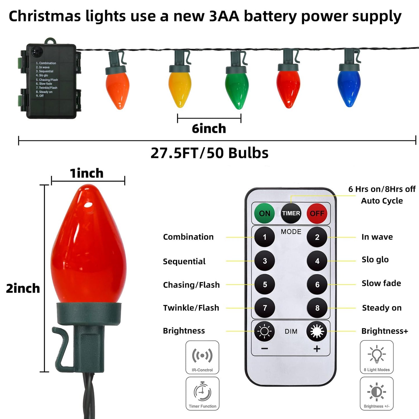 27.5Ft C7 LED Battery Operated Christmas Lights Outdoor with Timer, 8 Mode Twinkle Multicolor Christmas Tree Lights Indoor Outdoor Waterproof