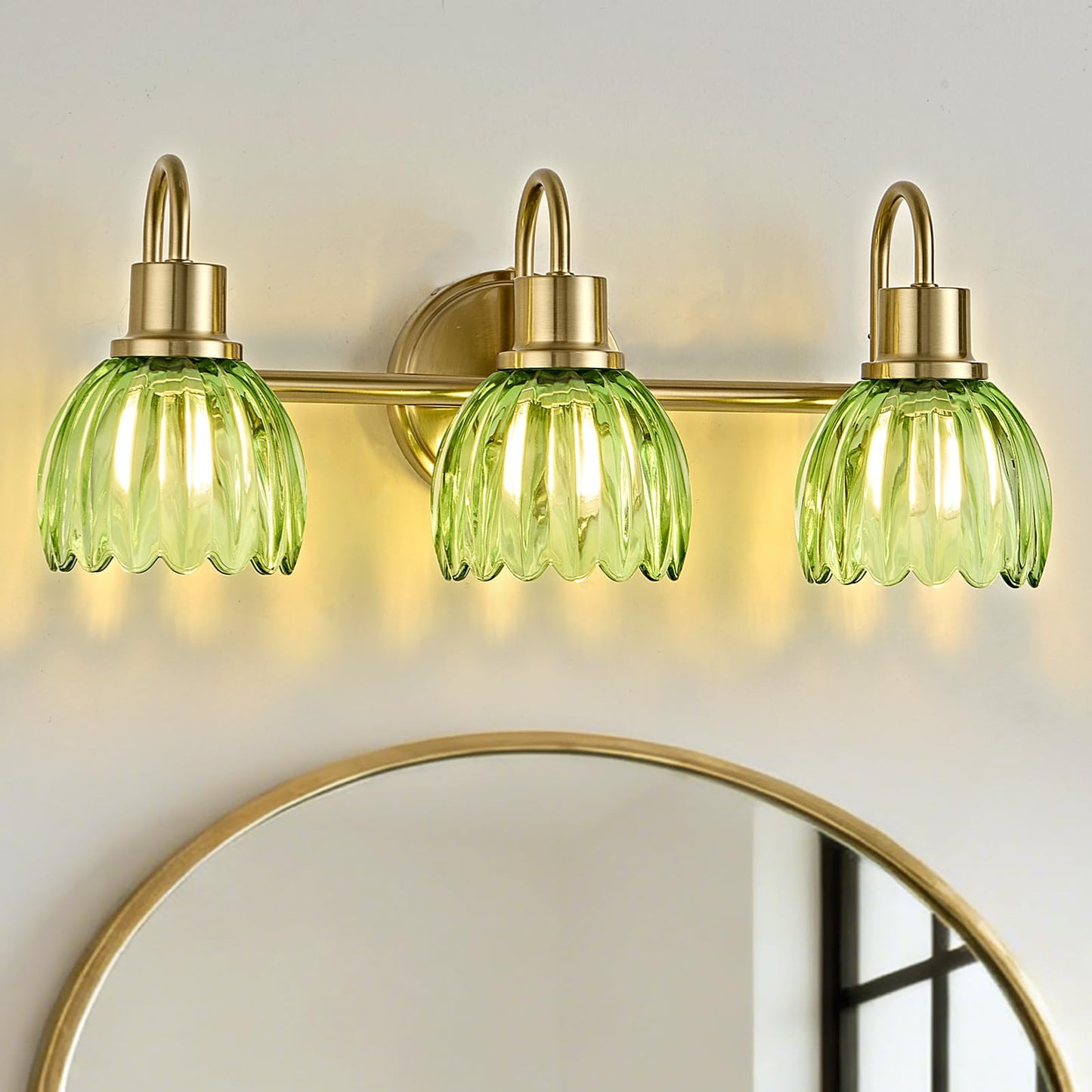 Oktownn Gold Bathroom Light Fixtures, 20 Inch Vintage Vanity Lights for Bathroom, 3-Light Modern Vanity Lights with Ribbed Green Tulip Glass Shade