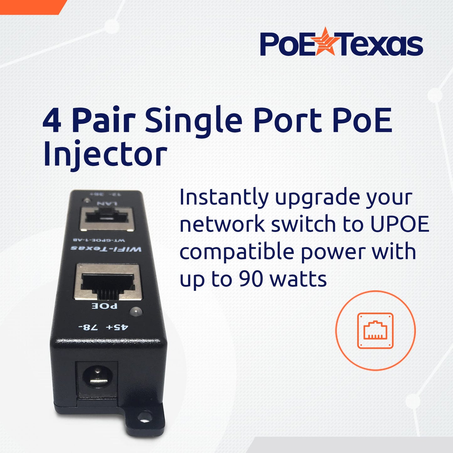 Poe Texas PoE Injector - Single Port 4 Pair PoE+ Injector/Splitter - Power Over Ethernet Passive PoE Adapter for 802.3af / PoE+ / PoE++ 10/100/1000
