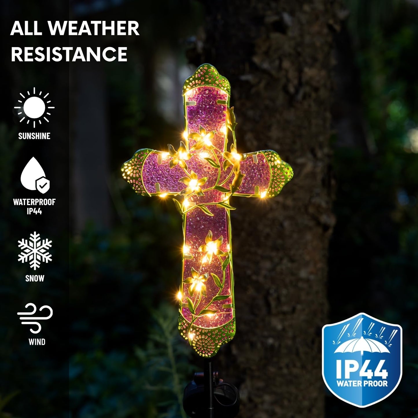 Quterhero Solar Cross Stake for Cemetery Grave, Memorial Grave Decoration with Flowers and LED Light, Outdoor Solar Cross for Lawn Garden Pathway