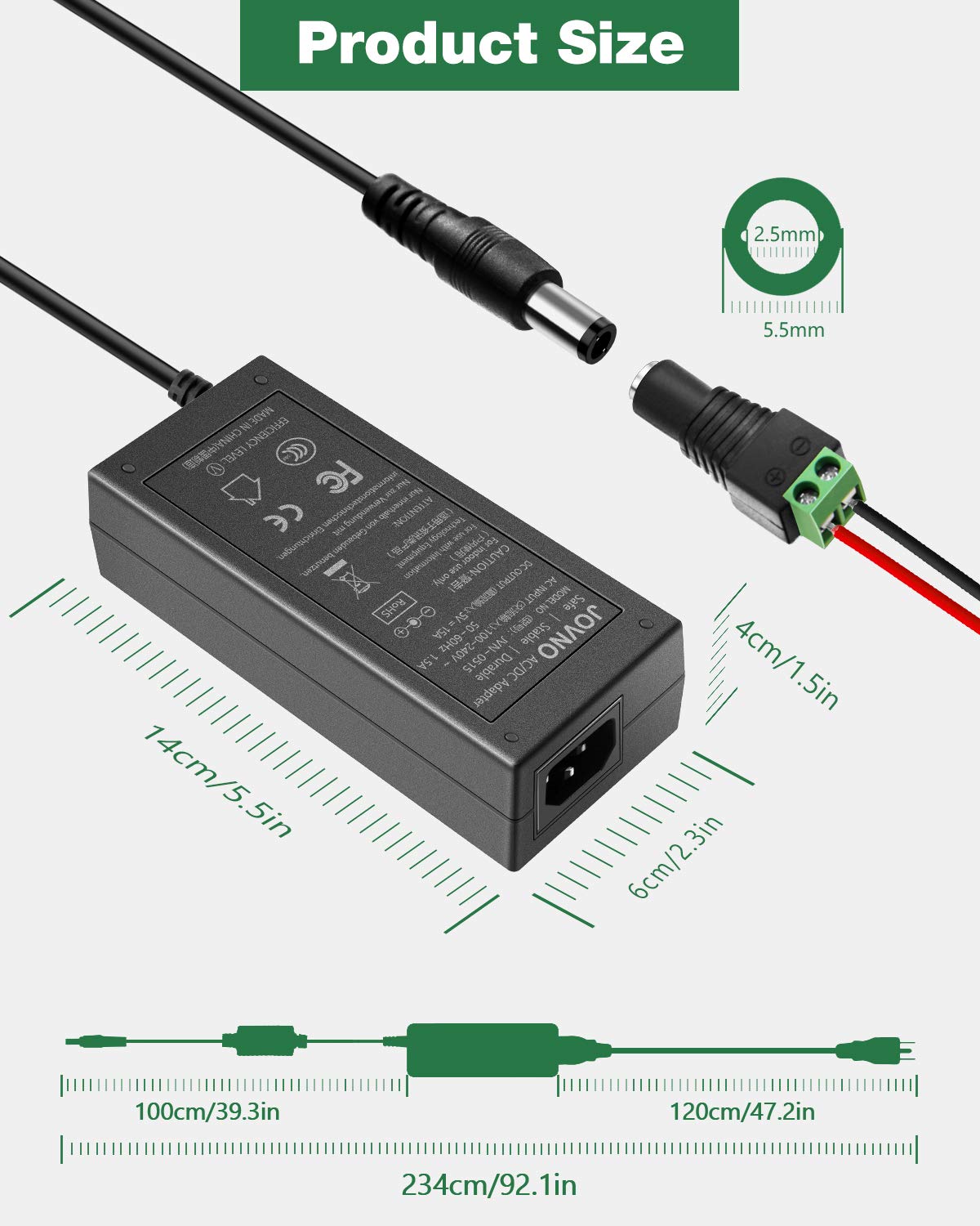 DC Power Cord 5V Power Supply 15A AC Adapter 100-240V to 5V DC Power Supply 5 Volt 10A 8A 6A 5A RGB LED Driver Barrel Plug 5.5x2.5mm for Christmas…