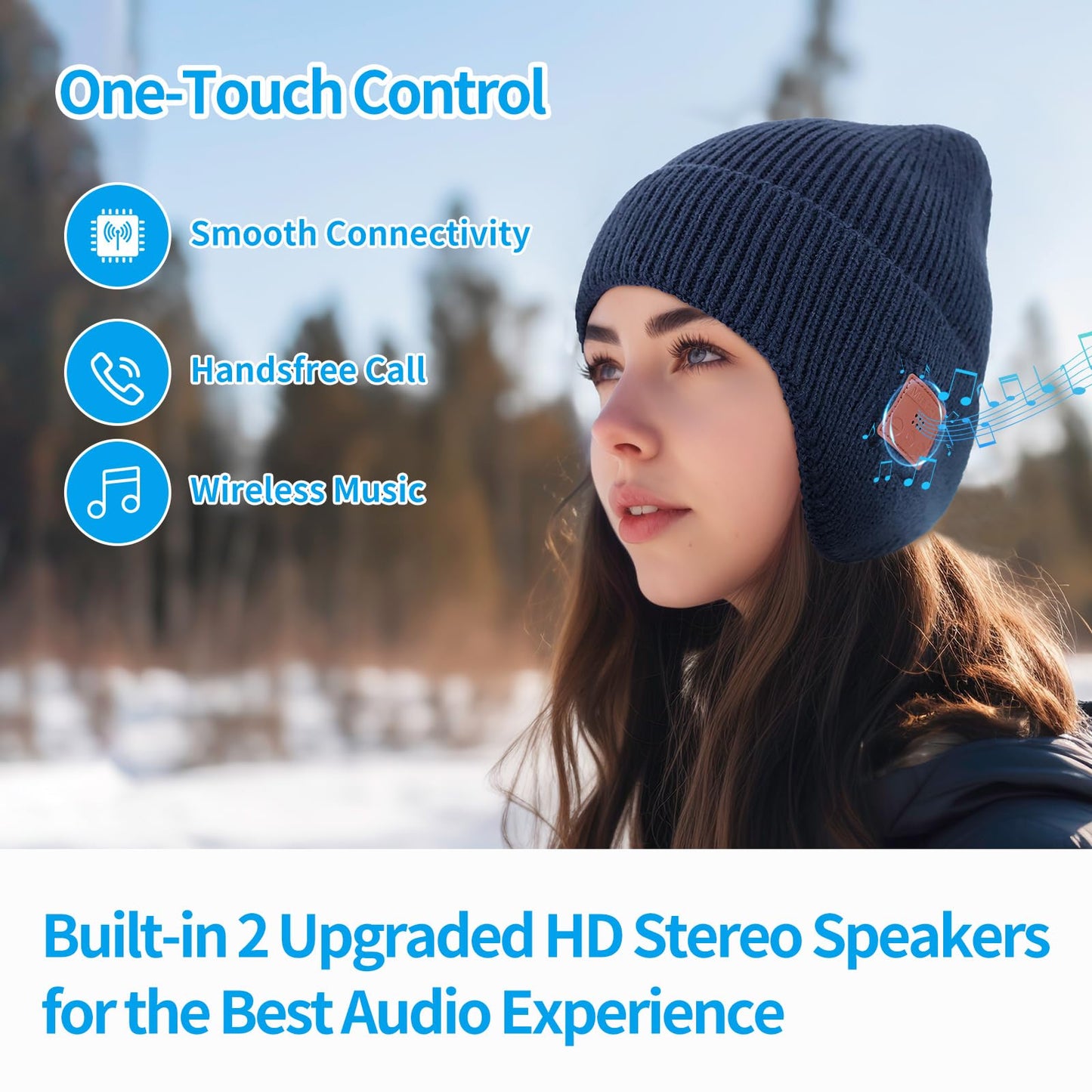 Bluetooth Beanie Hat with Headphones, Wireless Winter Hat Built-in Microphone and Stereo Speakers (Navy Blue)