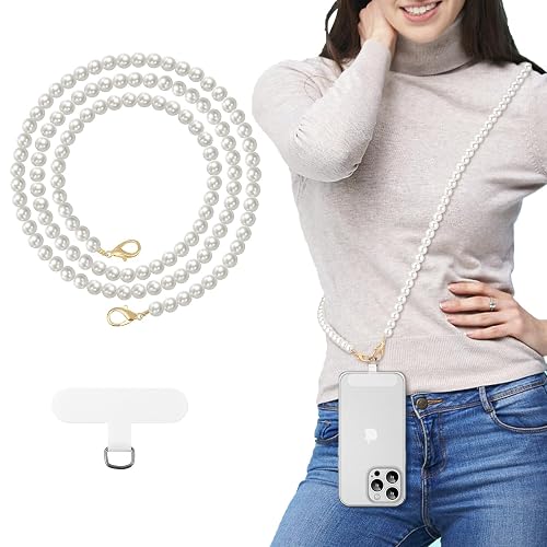 MoKo Universal Phone Lanyard, Pearl Beaded Cell Phone Chain Crossbody Strap Anti-Theft Detachable Women Cellphone Lanyards Around The Neck