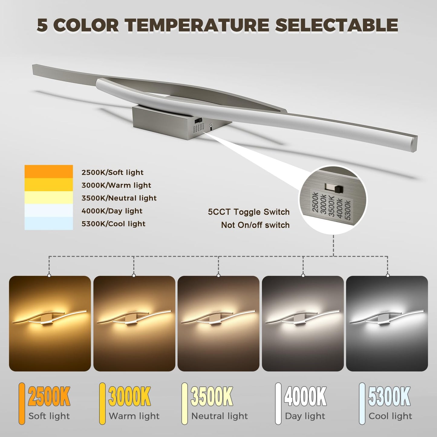 Joossnwell Brushed Nickel Vanity Lights for Bathroom Lighting Fixtures Over Mirror Dimmable 5CCT Modern Vanity Lighting Fixture Led Bath Wall Light