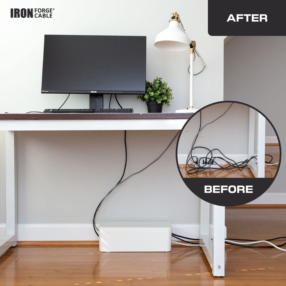 Iron Forge Cable Cable Management Box, 2 Pack - White Cord Organizer and Hider for Wires, Power Strips, Surge Protectors & More - Includes Sleeve