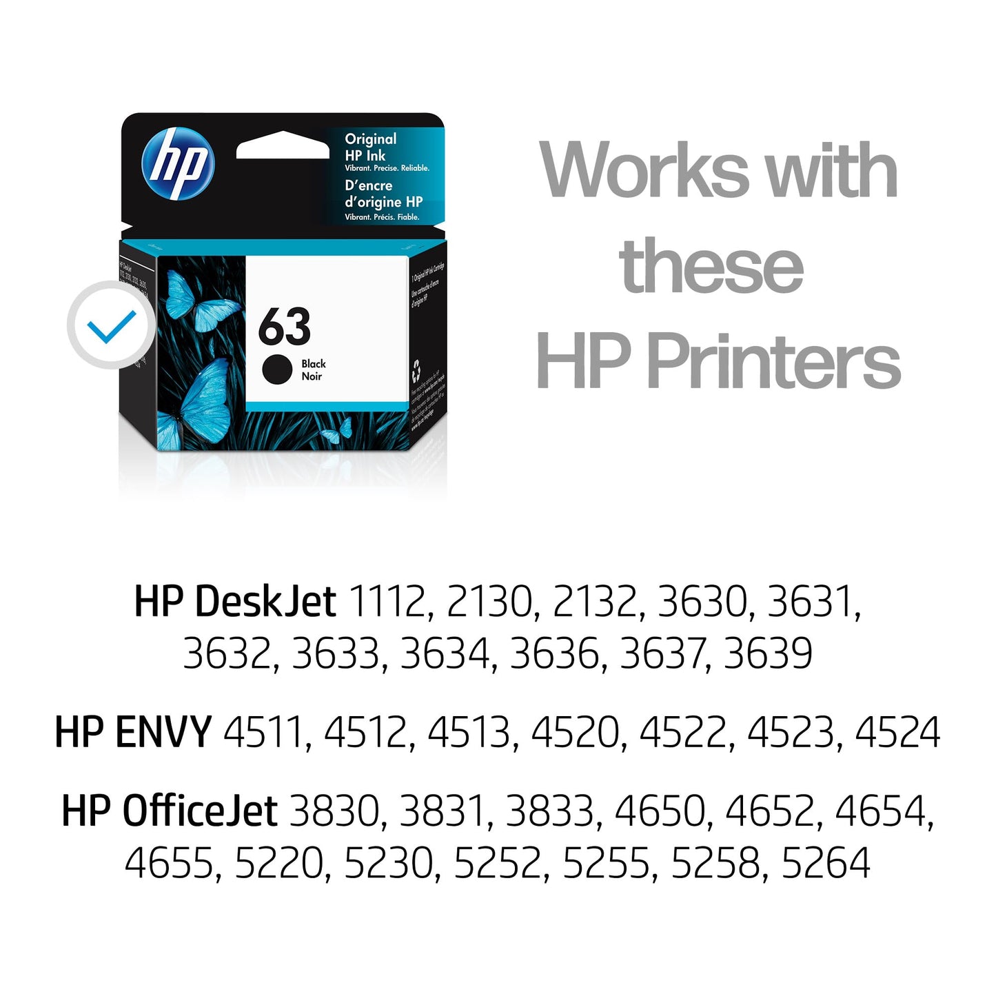 HP 63 Black Ink Cartridge | Works with DeskJet 1112, 2130, 3630; Envy 4510, 4520; OfficeJet 3830, 4650, 5200 Series | Eligible for Instant Ink |