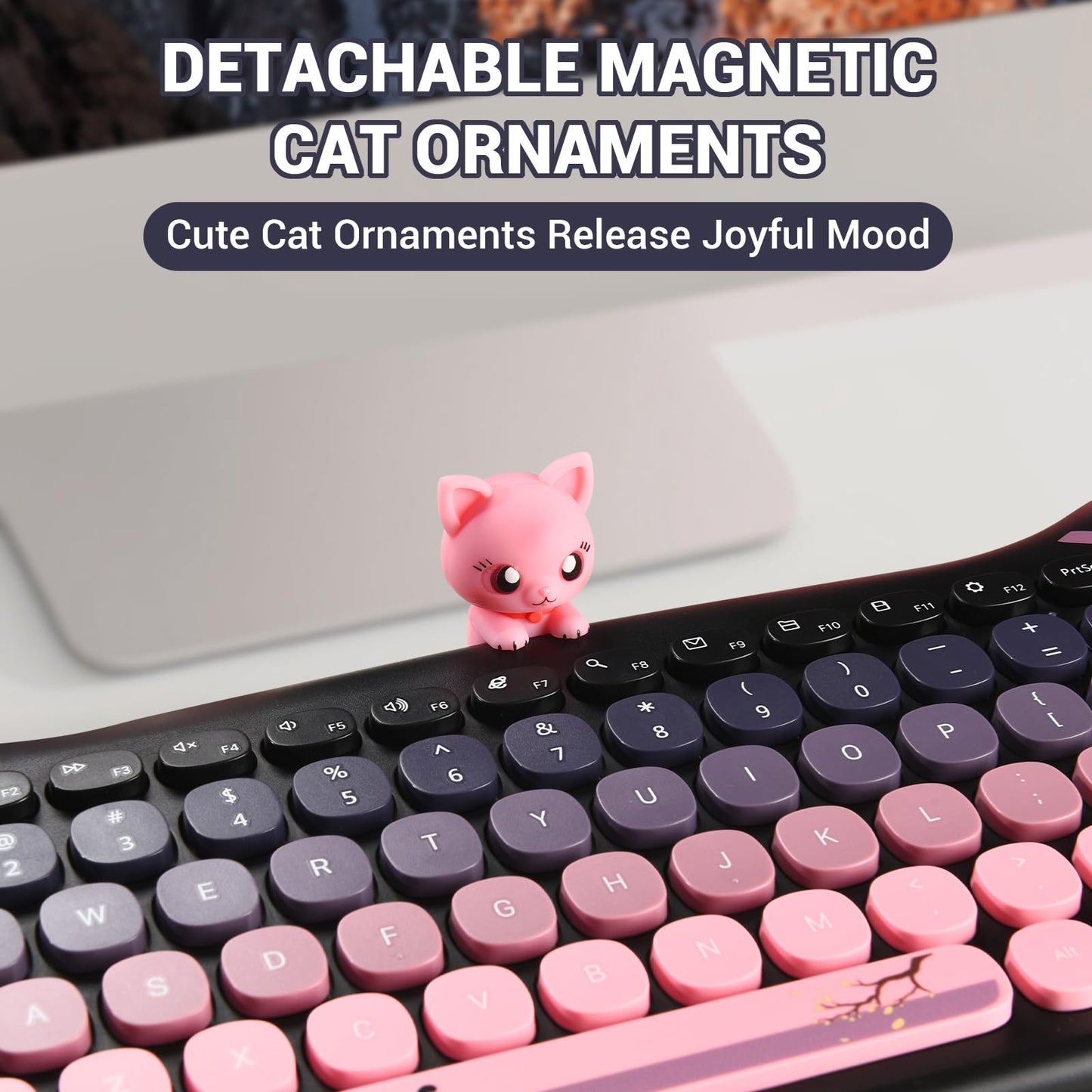 Cute Cat Keyboard and Mouse Combo with Magnetic Cat Figure - Wireless 2.4GHz, Compact Design, for Laptop & Desktop (Black-Pink Gradiant)