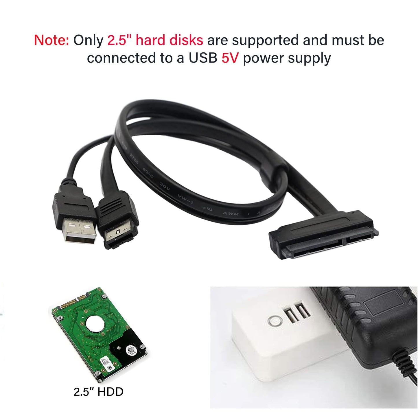 SinLoon 2.5'' Hard Disk Drive SATA 22Pin to eSATA Data 5V USB Powered Cable Adapter for Optimized for SSD, Support UASP SATA IIIEC-SSHD(Black)