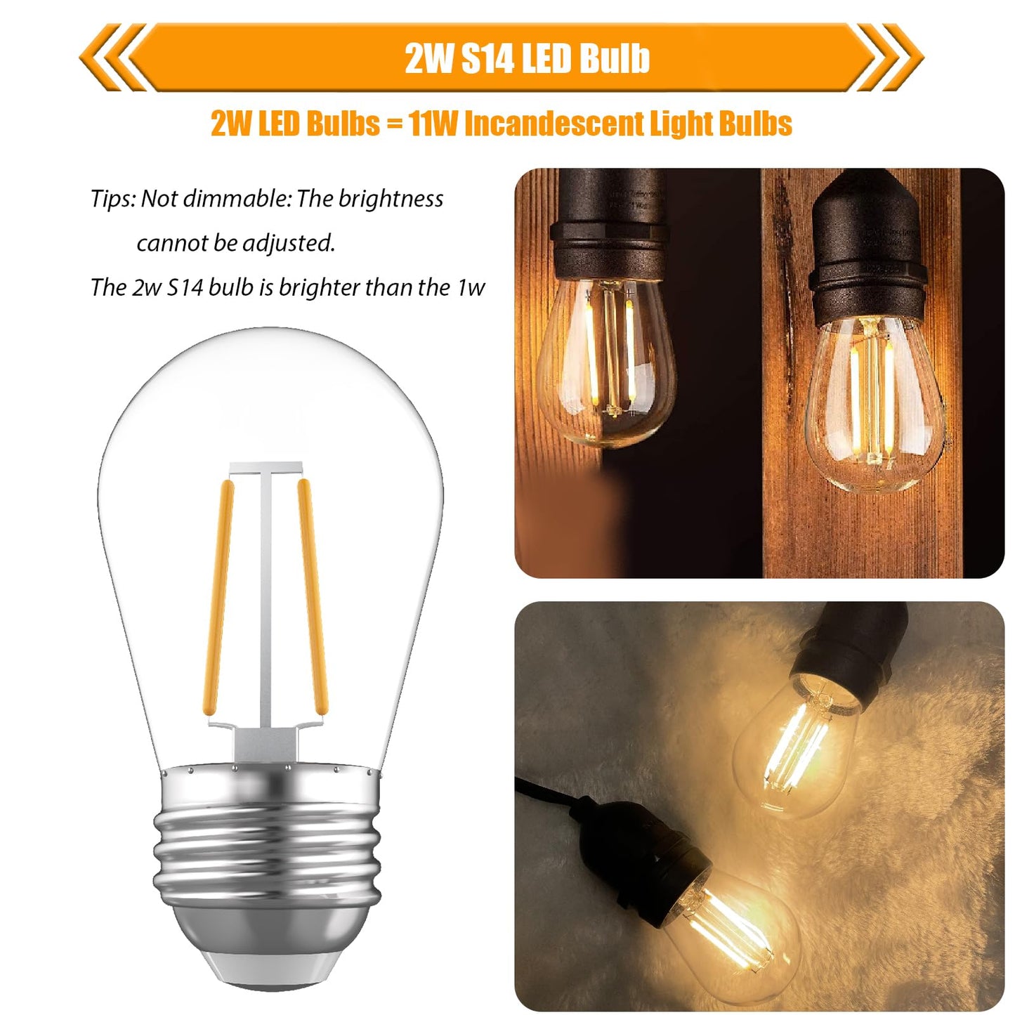 winsaLED 15 Pack 2W S14 Replacement Bulb for String Light, 2700K Soft White