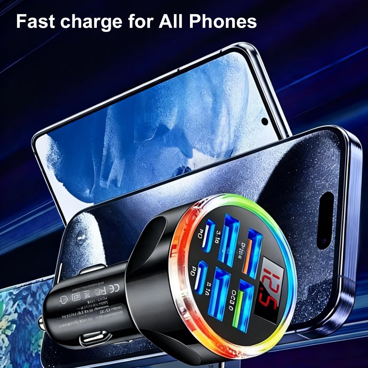 Super Fast Charge USB C Car Phone Charger Adapter 6 in 1 with Voltage Display, 250W Multi Port Cigarette Lighter USB Charge for iPhone 17 16 15 14 13