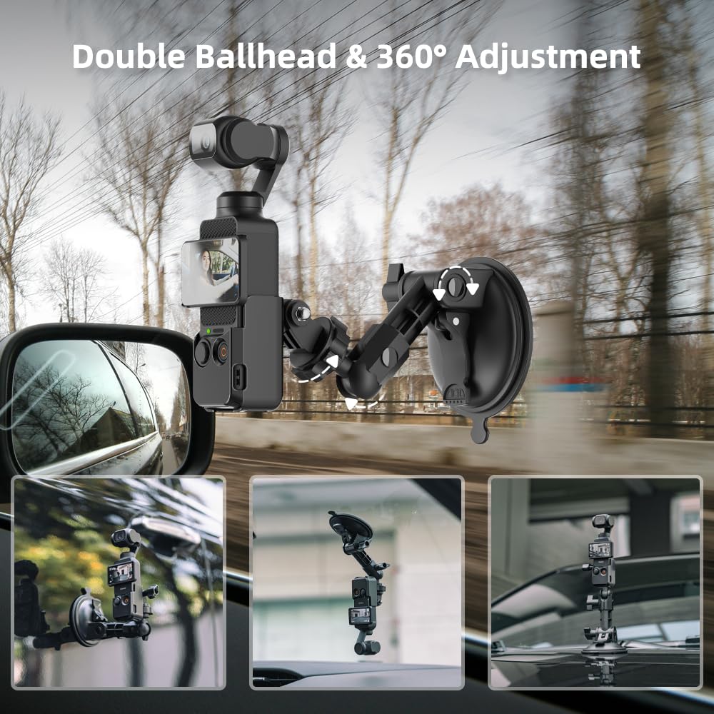 SUREWO Pocket 3 Suction Cup Mount, Car Mount Windshield Window Dash Holder Kit with Expansion Adapter for DJI Osmo Pocket 3,GoPro Hero