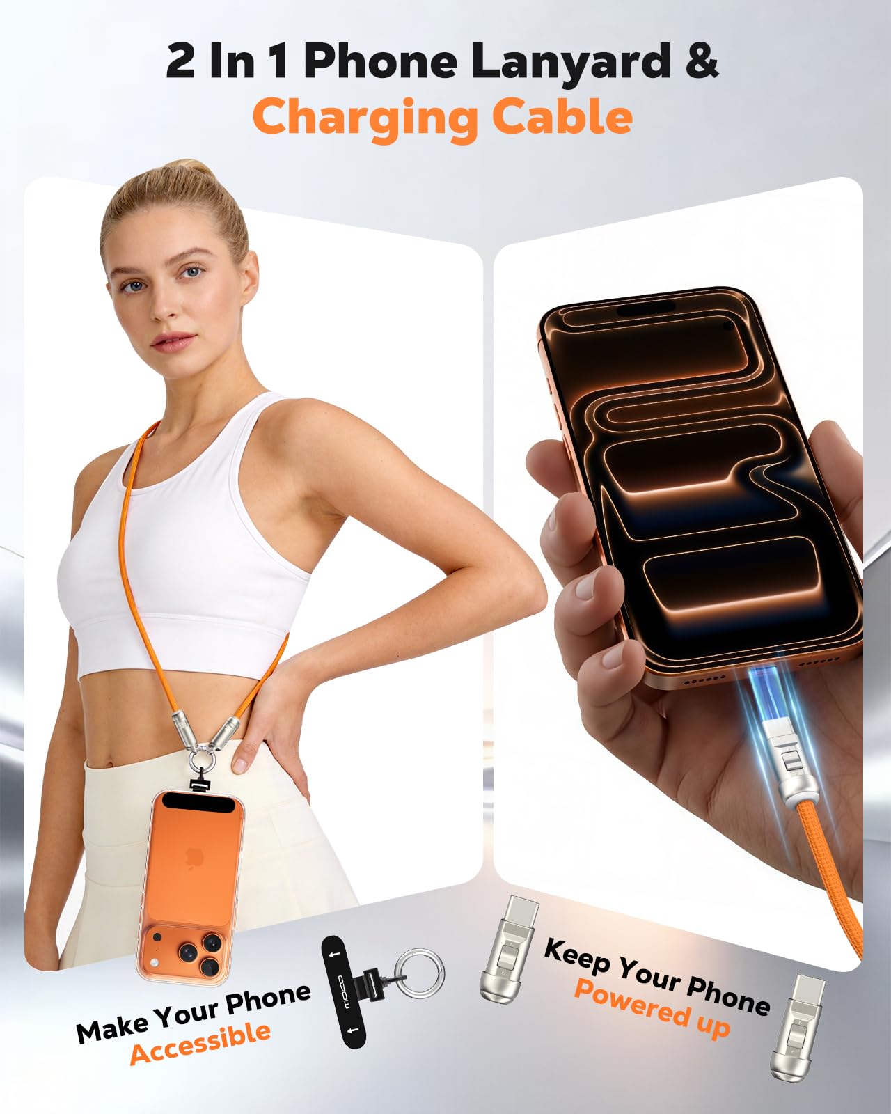 MoKo 2-in-1 Phone Crossbody Lanyard USB C Cable, PD240W USB-C to USB-C Type-C Fast Charging Cable, Anti Theft Phone Strap with Metal 360° Tether Tab