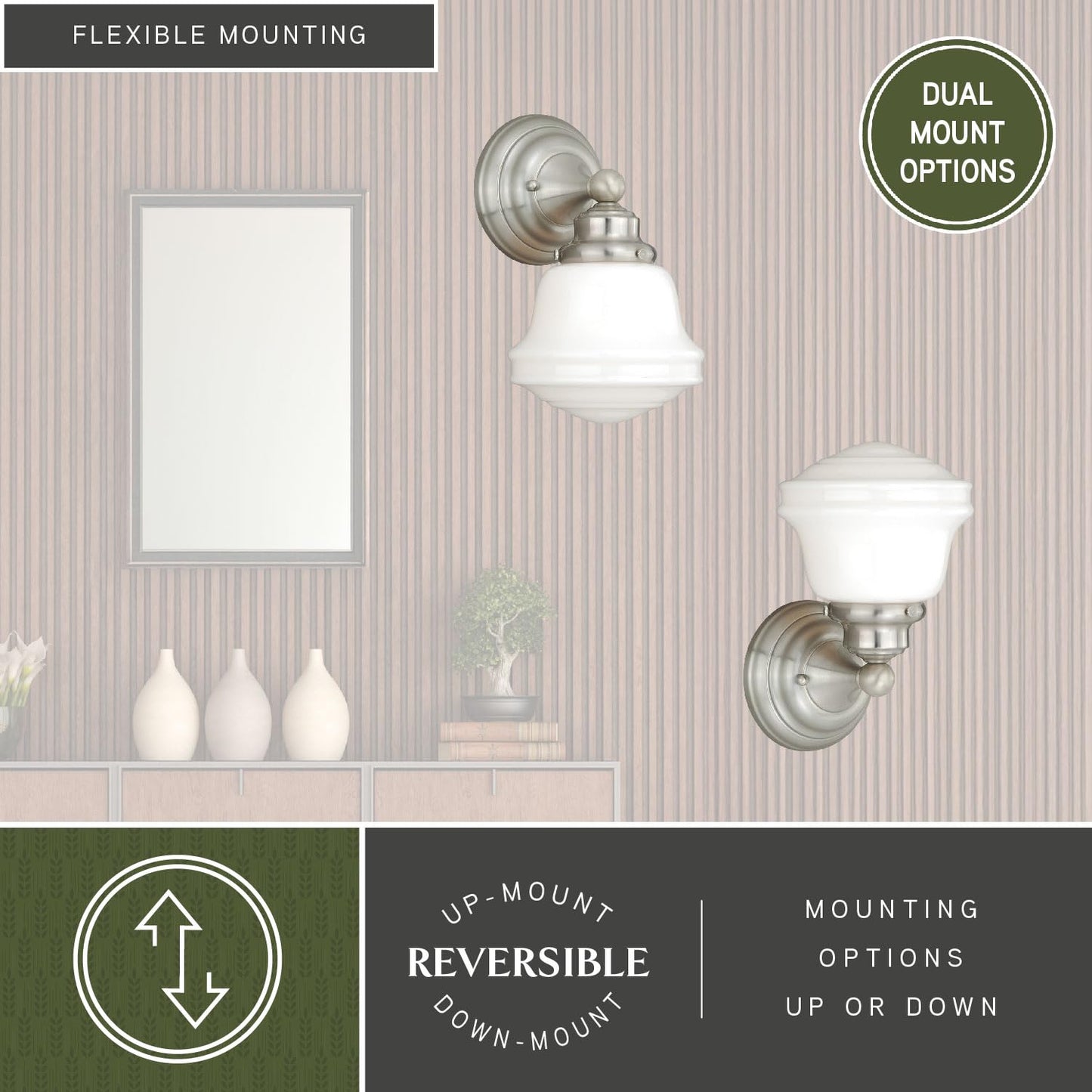 VAXCEL Huntley 1-Light 6.75 inch Wide Satin Nickel Farmhouse Bathroom Vanity Lighting Fixture, White Schoolhouse Milk Glass Globe Shade, Dimmable, LED