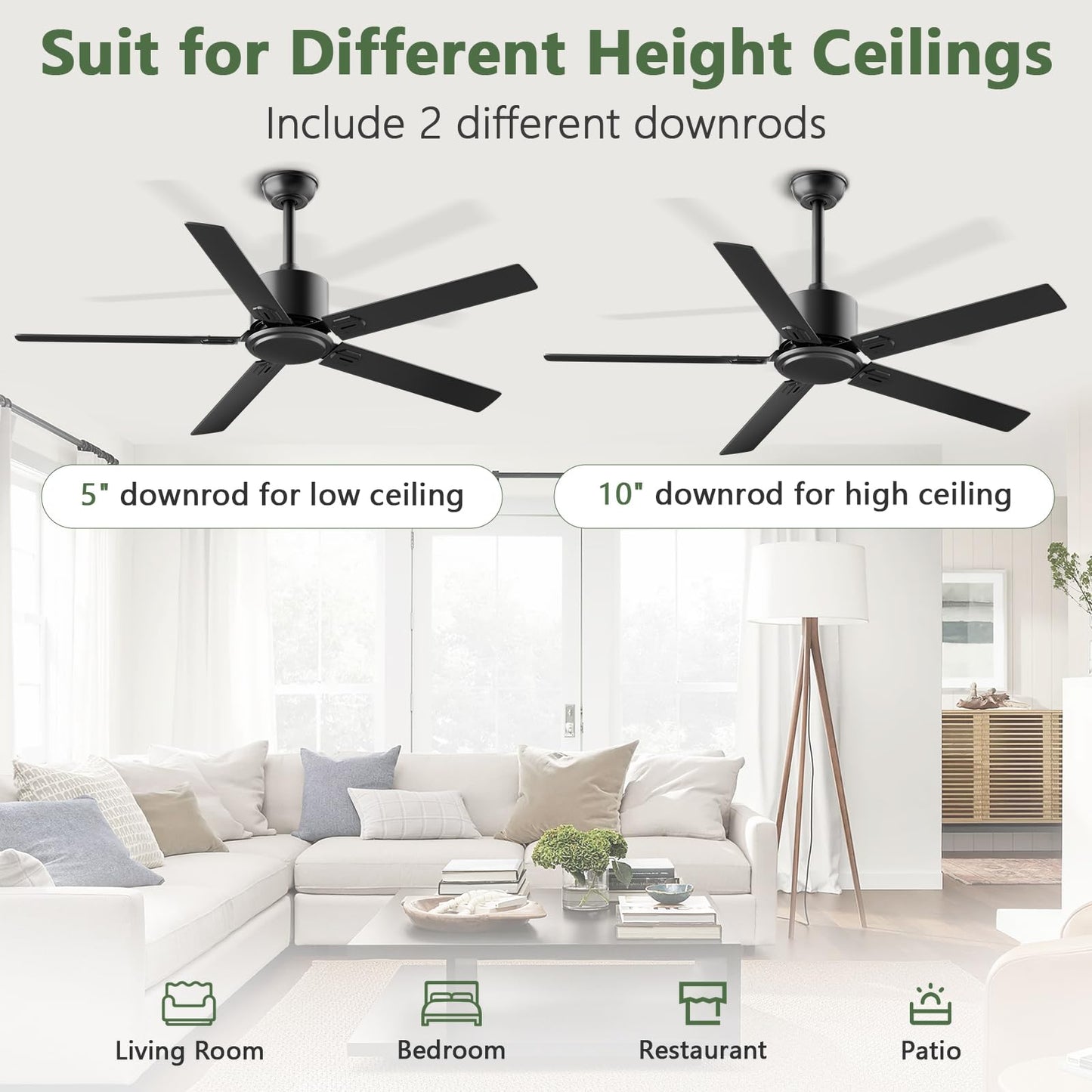 Obabala Outdoor Ceiling Fan No Light, 60 Inch Black Modern Ceiling Fan Without Light, Dual Finish 5 Blades,6 Speed, Reversible Quiet DC Motor