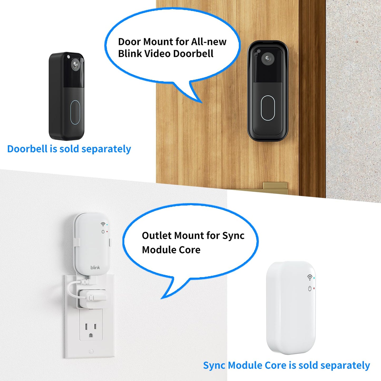Blink Doorbell Mount for All-New Blink Video Doorbell, with Outlet Wall Mount for Sync Module Core,No Drilling No Screws Camera Mounting Holder, Easy