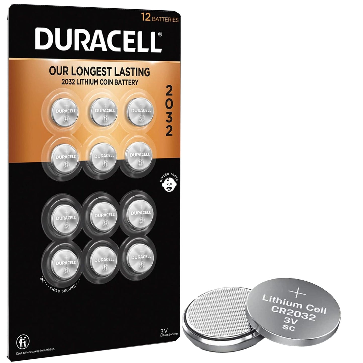 Duracell CR2032 3V Lithium Battery, Child Safety Features, 12 Count Pack, Lithium Coin Battery for Key Fob, Car Remote, Glucose Monitor, CR Lithium 3…