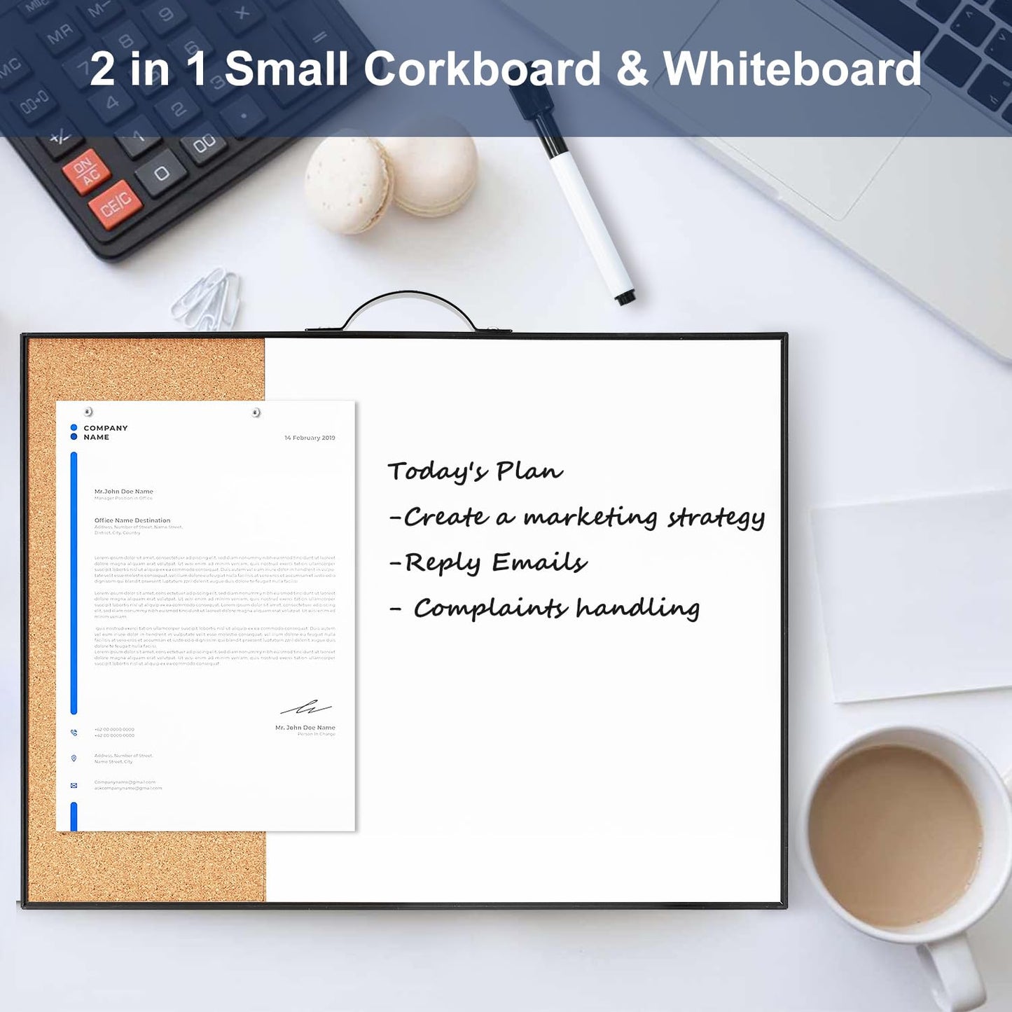 Small Cork Board Whiteboard Combo - 12" X 16" Portable Aluminum Black Framed Magnetic Dry Erase Board for Wall, Mini Bulletin CorkBoard with a Handle