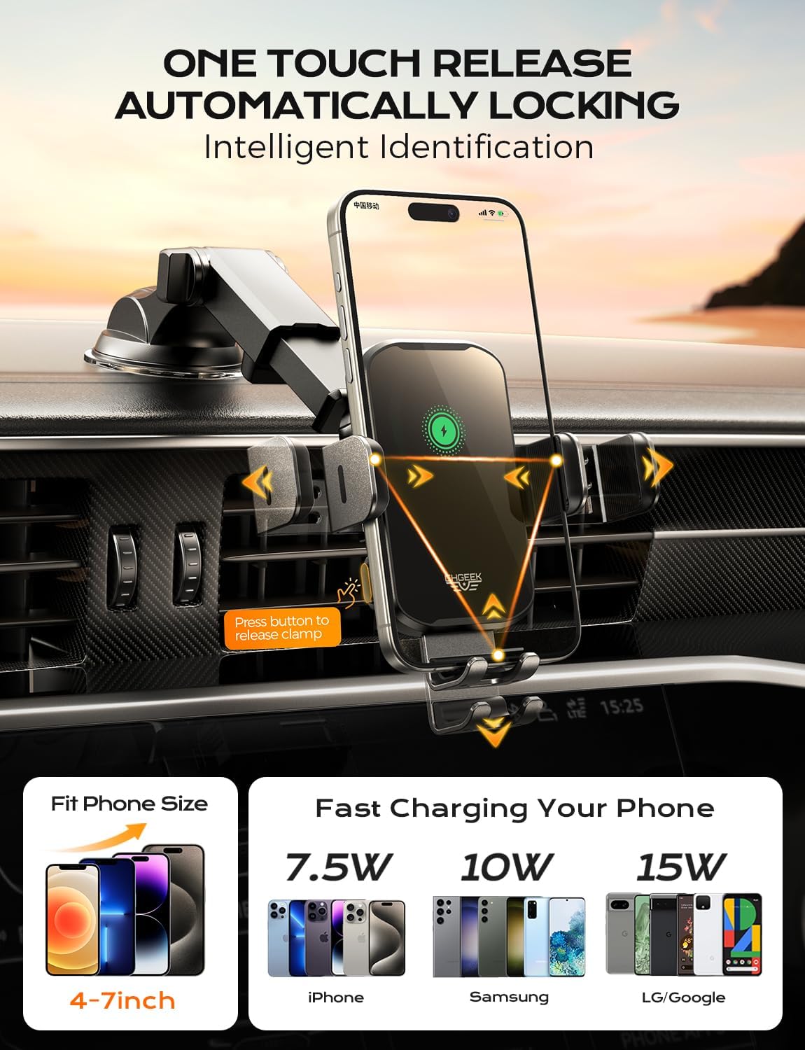 CHGeek Wireless Car Charger Phone Holder Mount, 15W Fast Charging Auto Clamping Phone Holders for Your Car Dashboard Windshield Air Vent Car