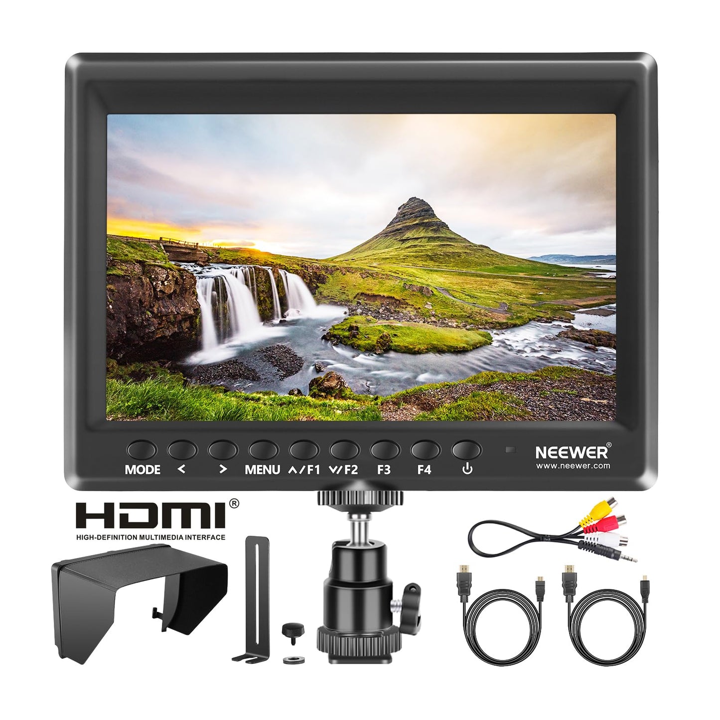 Neewer F100 7inch Camera Field Monitor HD Video Assist IPS 1280x800 HDMI Input 1080p with Sunshade and Ball Head for DSLR Cameras, Handheld