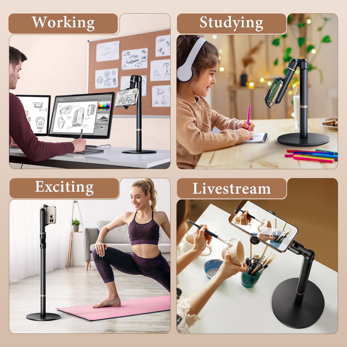 WISFISSH Height/Angle Adjustable Phone Holder, 10"-25" Retractable Tall Phone Stand for Desk,720°Rotatable+180flip Phone Holder Stand for Video Calls