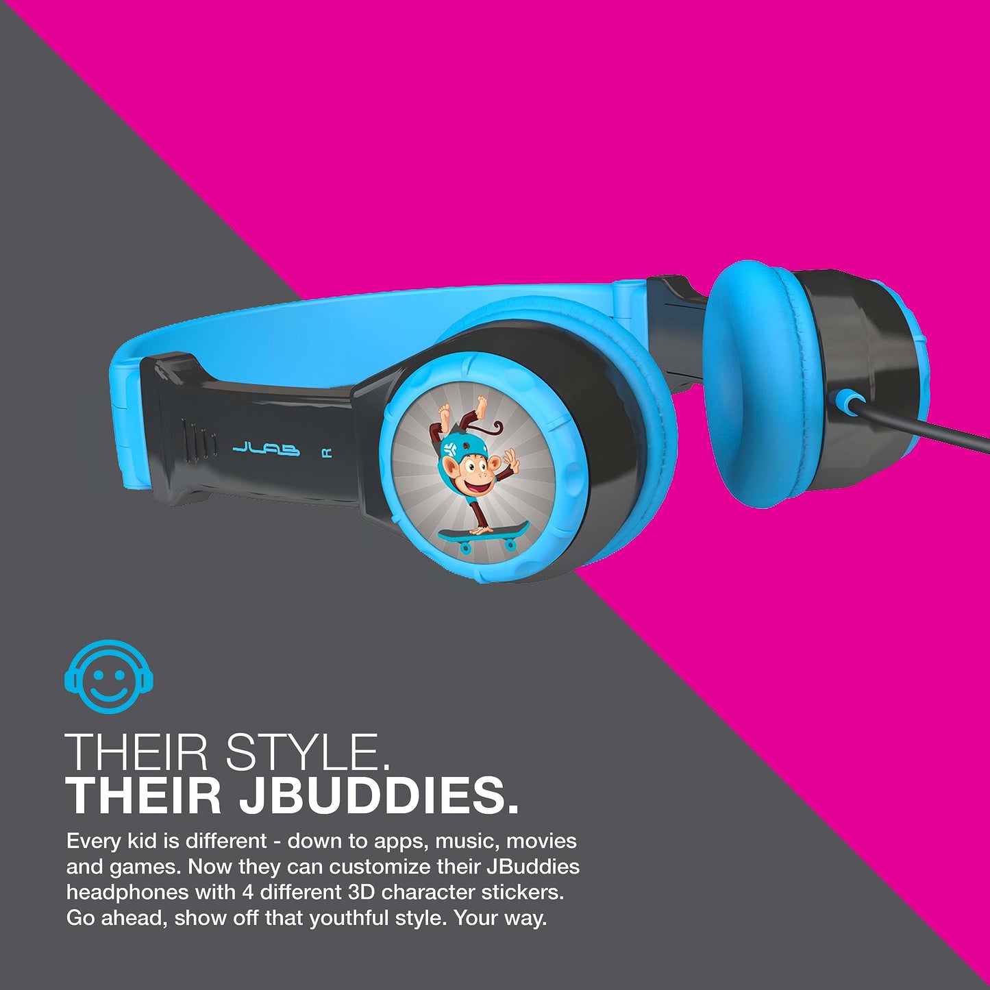 JLab JBuddies Folding Kids Wired Headphones with Volume limiting and Noise Isolation, Gray/Blue